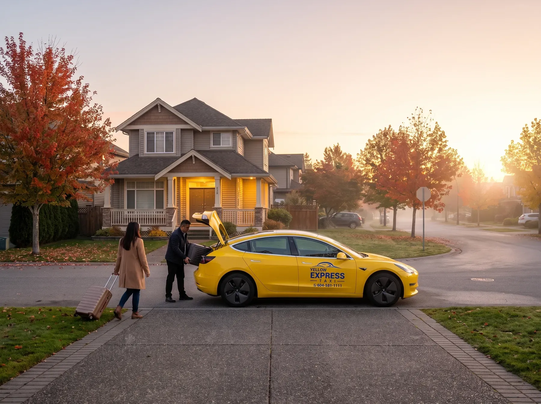 Dawn in a Surrey driveway: the Yellow Express cab waits with the trunk open while the bags go in for an early YVR flight