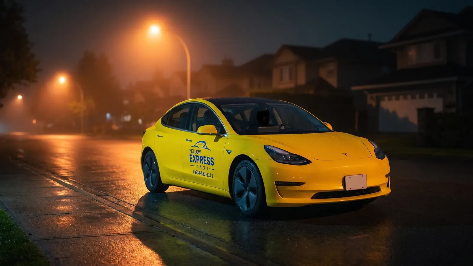 A Yellow Express taxi alone on a rain-soaked Surrey street at 2am, orange streetlights glowing in the mist