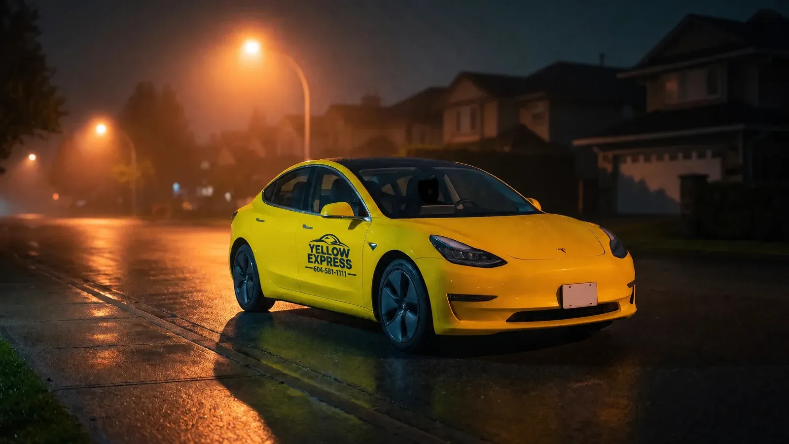 A Yellow Express taxi alone on a rain-soaked Surrey street at 2am, orange streetlights glowing in the mist