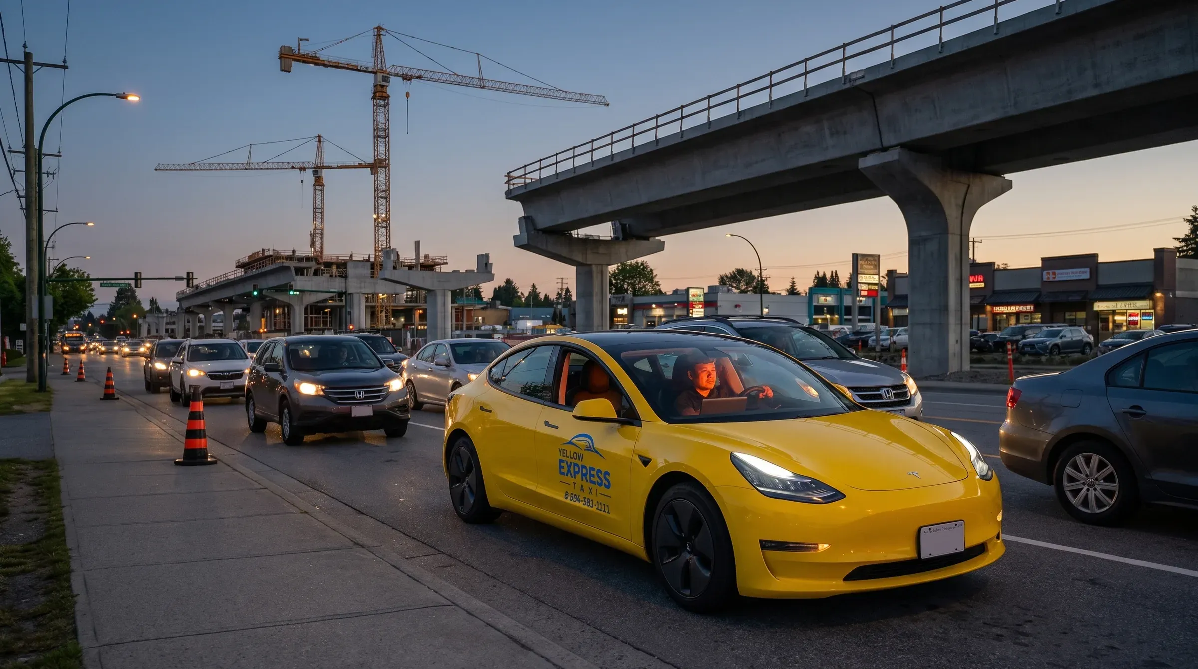 A Yellow Express taxi in dusk traffic on a wide Surrey road, tower cranes and a half-built SkyTrain guideway beside it