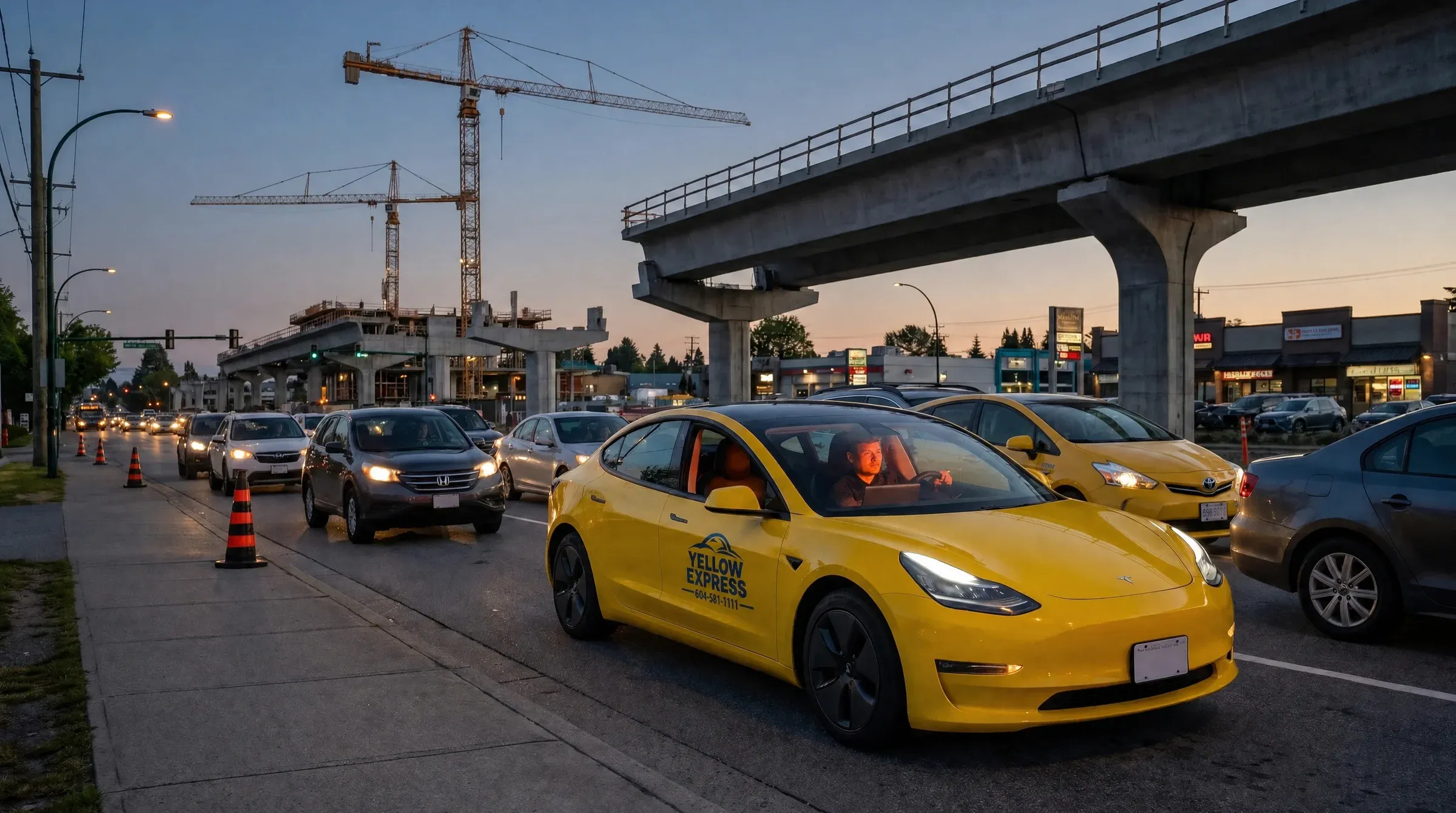 A Yellow Express taxi in dusk traffic on a wide Surrey road, tower cranes and a half-built SkyTrain guideway beside it