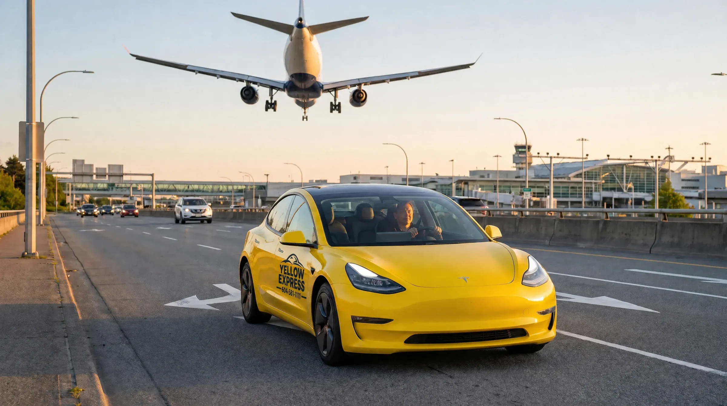 A Yellow Express taxi on the highway approach to YVR at golden hour, a passenger jet low overhead on final approach