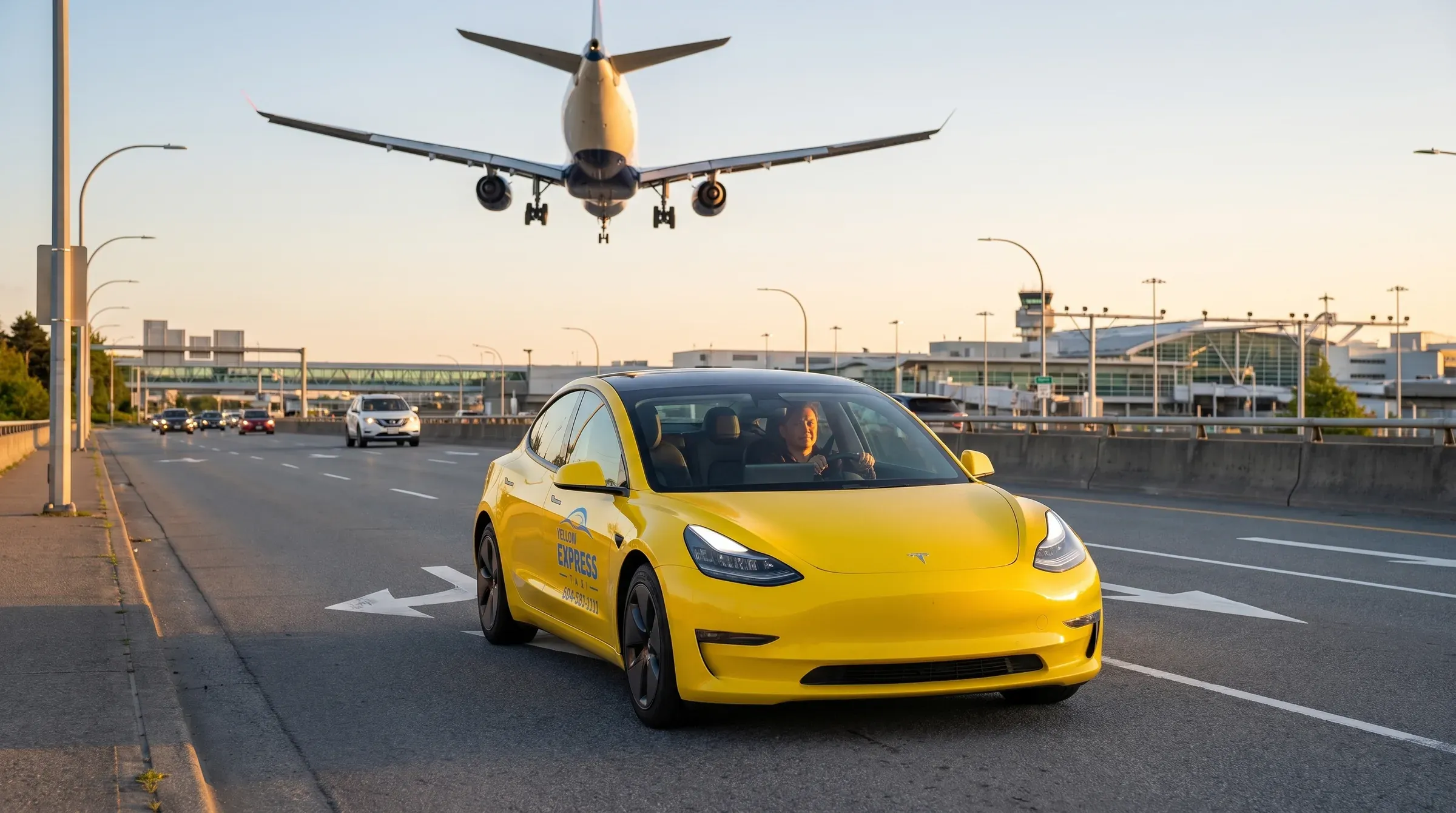 A Yellow Express taxi on the highway approach to YVR at golden hour, a passenger jet low overhead on final approach