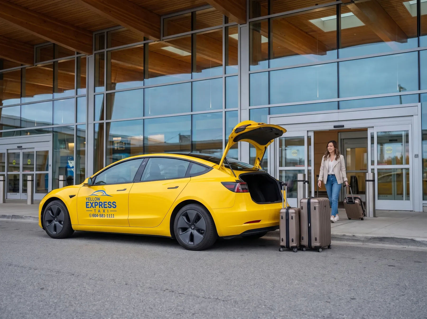 A Yellow Express taxi at the YVR arrivals curb, trunk open and two suitcases at the bumper, a traveller wheeling her carry-on toward it