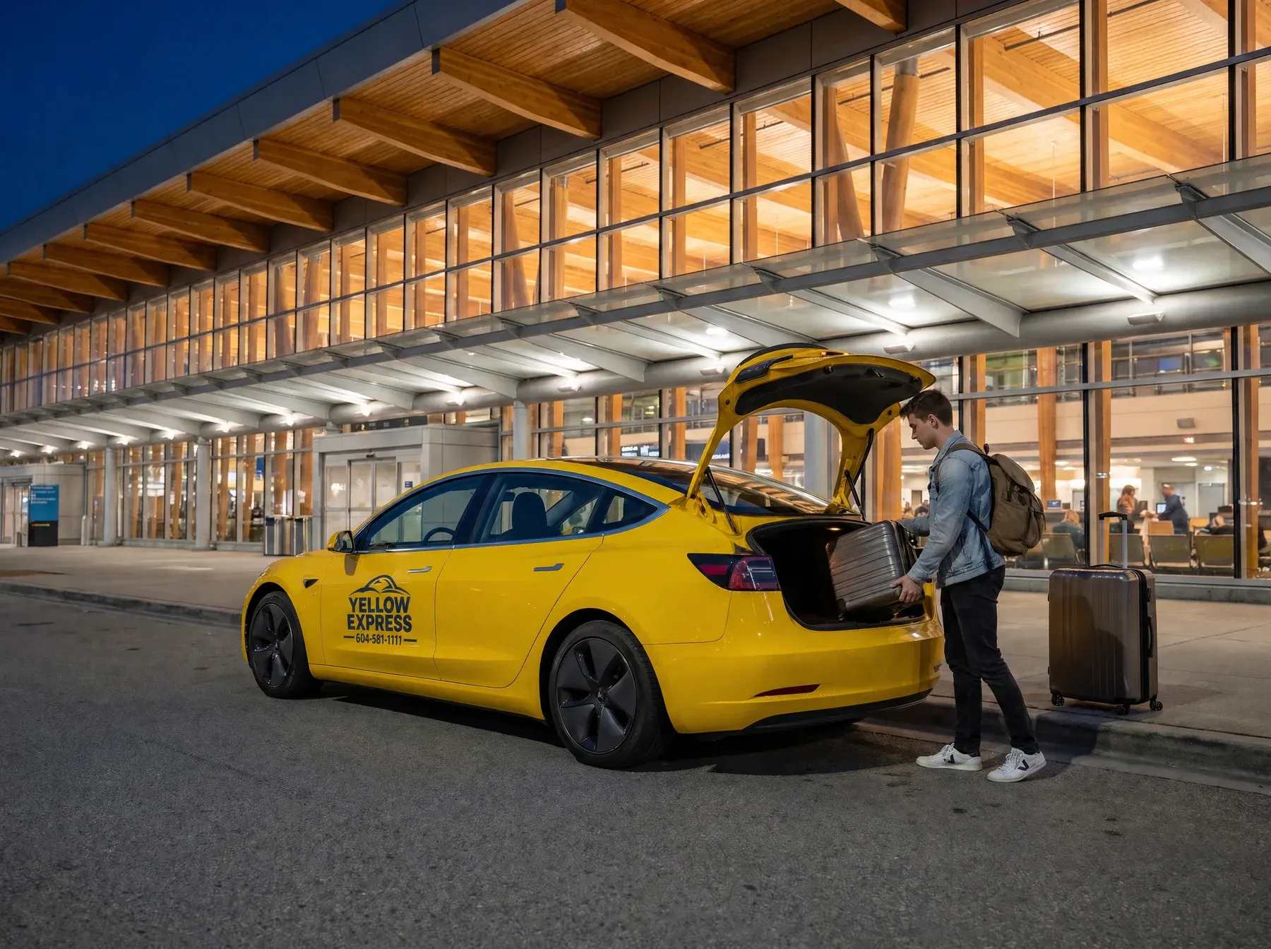 A Yellow Express taxi at the YVR departures curb at night, trunk open, a traveller lifting his bag