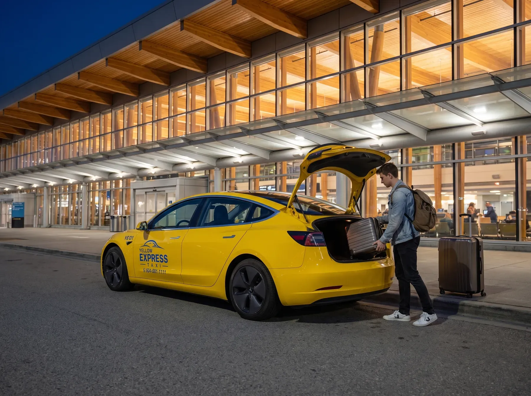 A Yellow Express taxi at the YVR departures curb at night, trunk open, a traveller lifting his bag